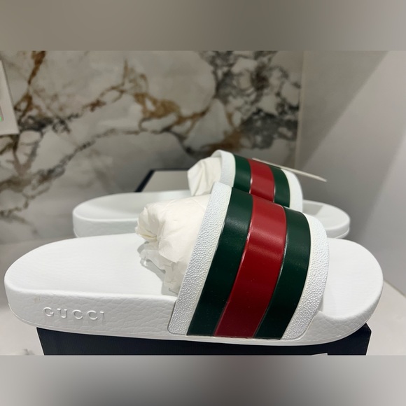 Gucci White Pursuit Web Accent Red Green Slides New - Picture 10 of 11
